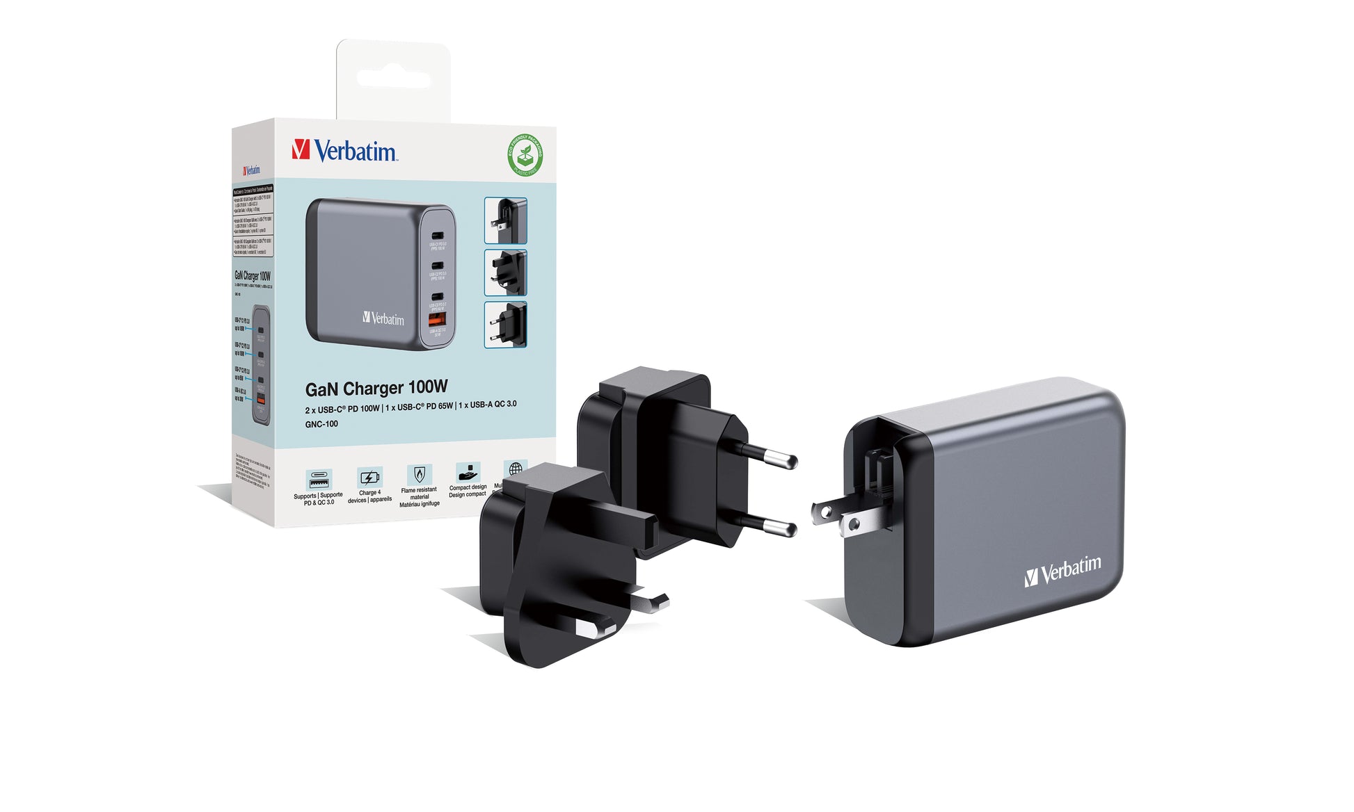 Verbatim Ladegerät (EU/UK/US) – 100 W, 3× USB-C + 1× USB-A, PD, PPS, QC, GaN