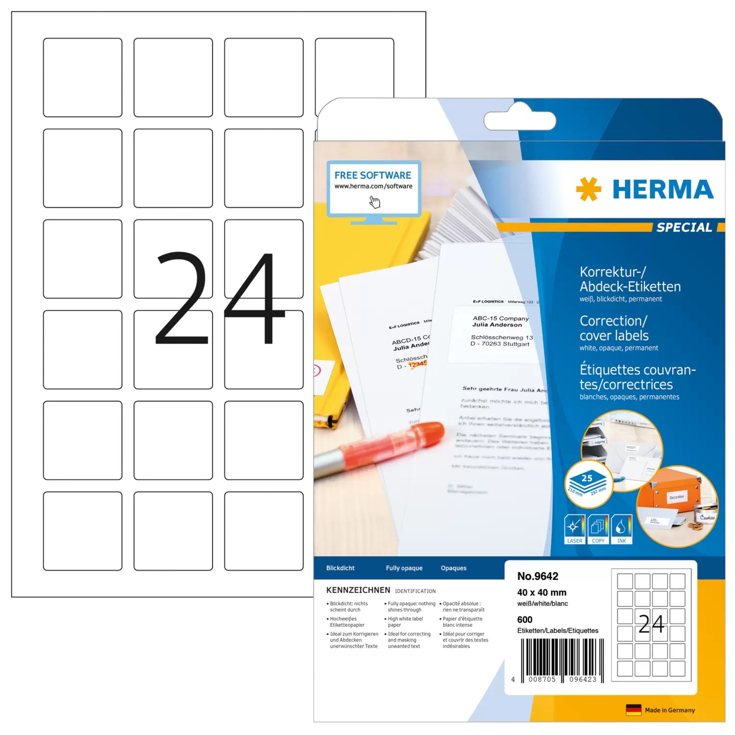HERMA Etiketten, 40 mm × 40 mm, A4, weiss, Papier, permanent, 600 Etiketten (25 Blatt)