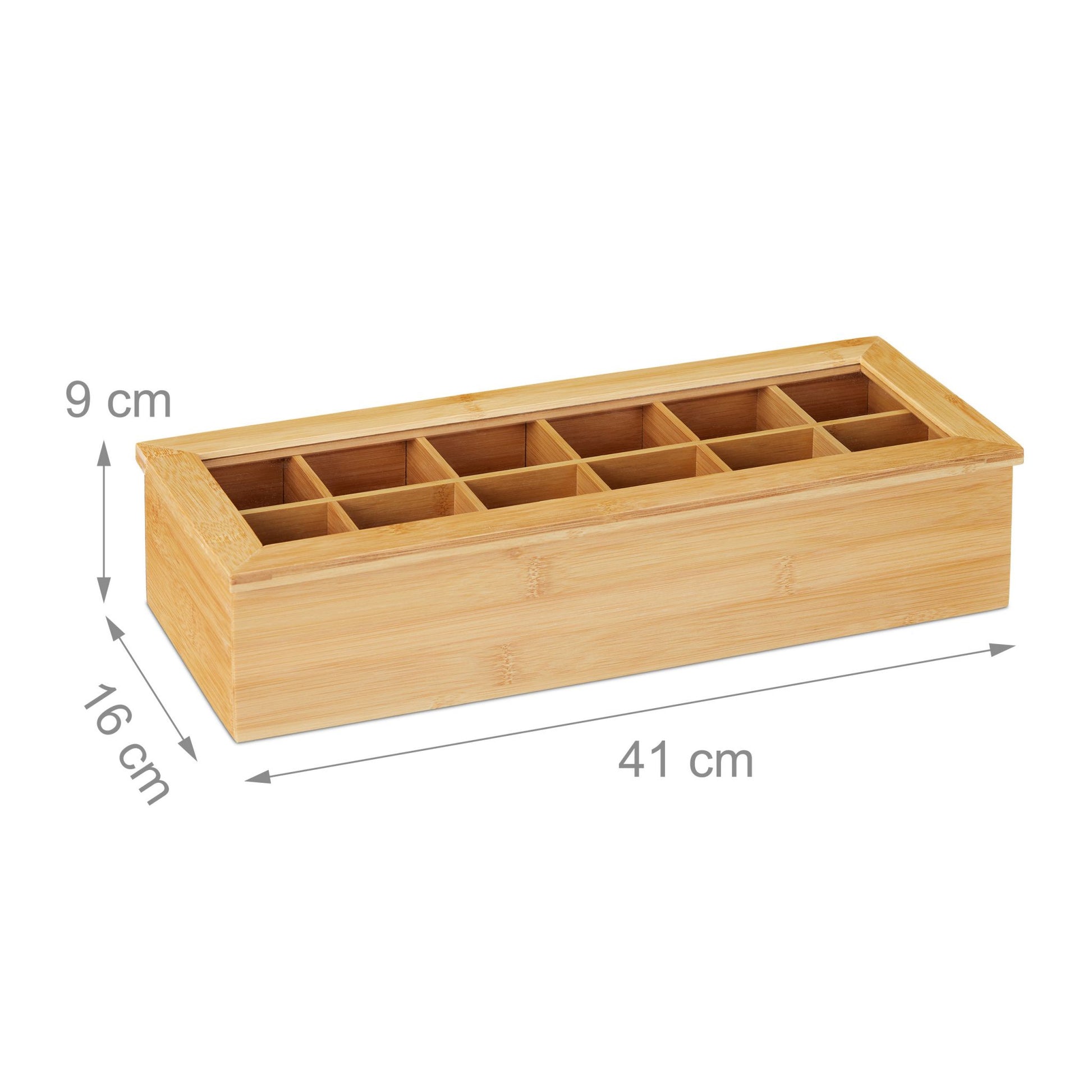 Relaxdays Teebeutelbox Bambus/Kunststoff, 12 Fächer, 41 × 16 × 9 cm, Hellbraun