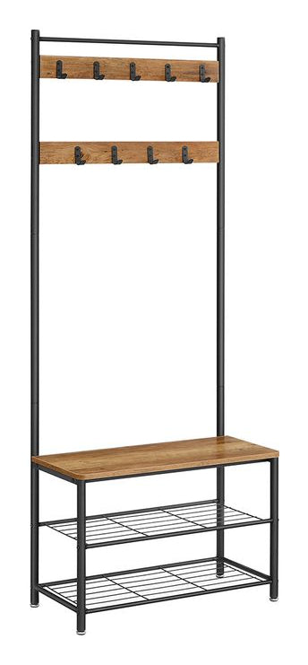 Vasagle Garderobe mit Schuhregal – 9 Haken, Stahl/Spanplatte, Schwarz/Braun, 70 × 32 × 175 cm