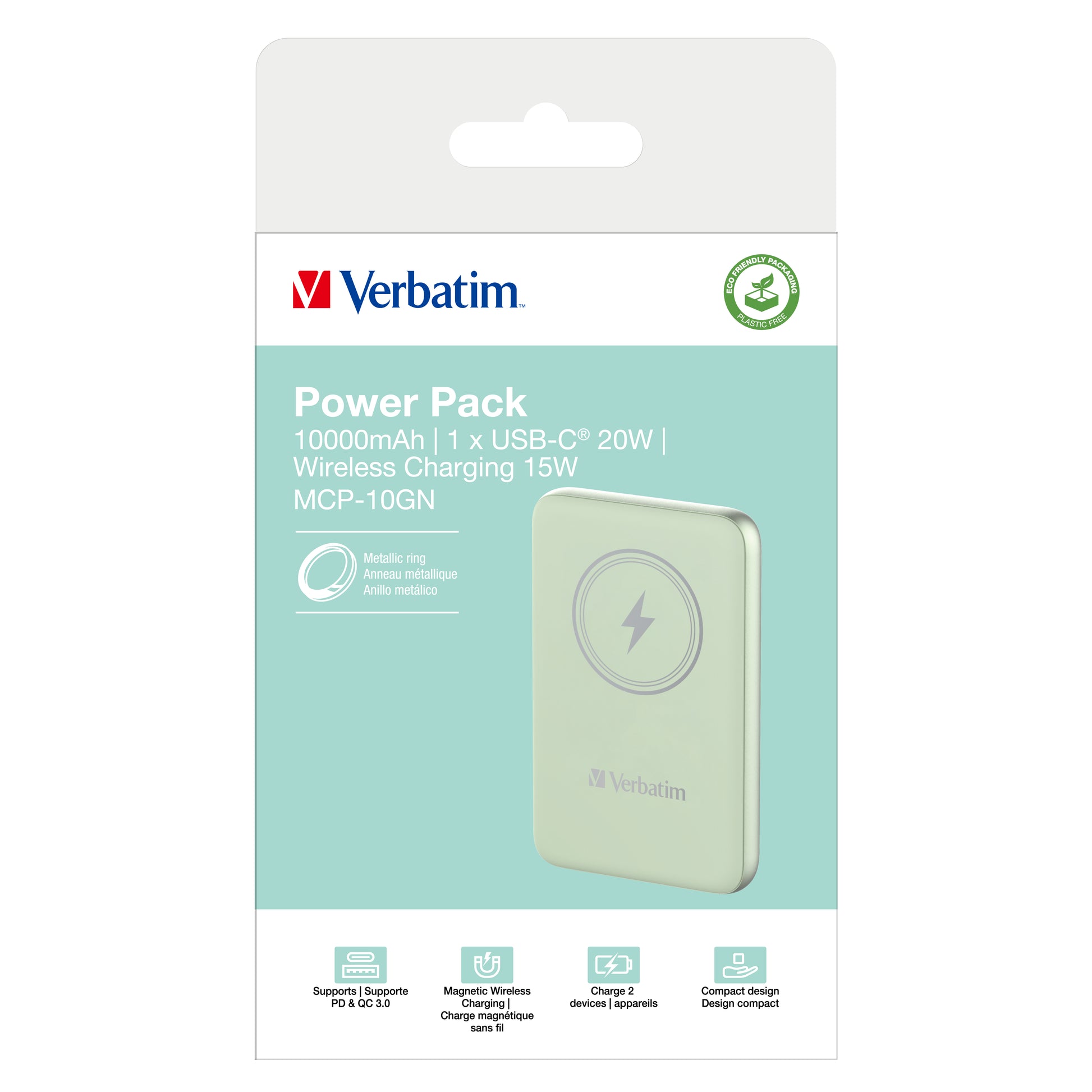 Verbatim Charge N Go Magnetische MagSafe Powerbank 10'000 mAh – 20 W PD, MagSafe 15 W, 1× USB-C, grün
