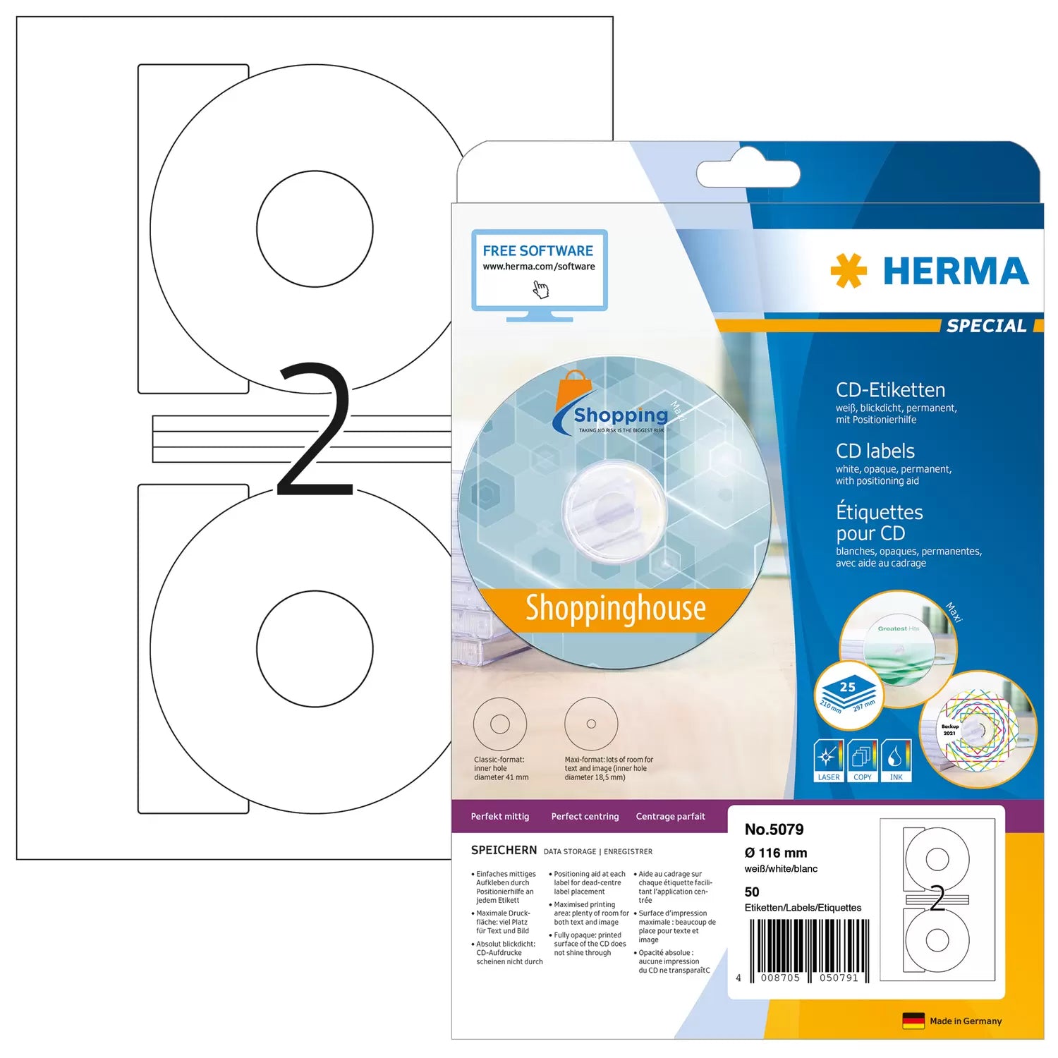 HERMA Etiketten A4 Ø 116 mm – Papier, weiss – permanent haftend – Laser/Inkjet – 2 pro Blatt, 25 Blätter
