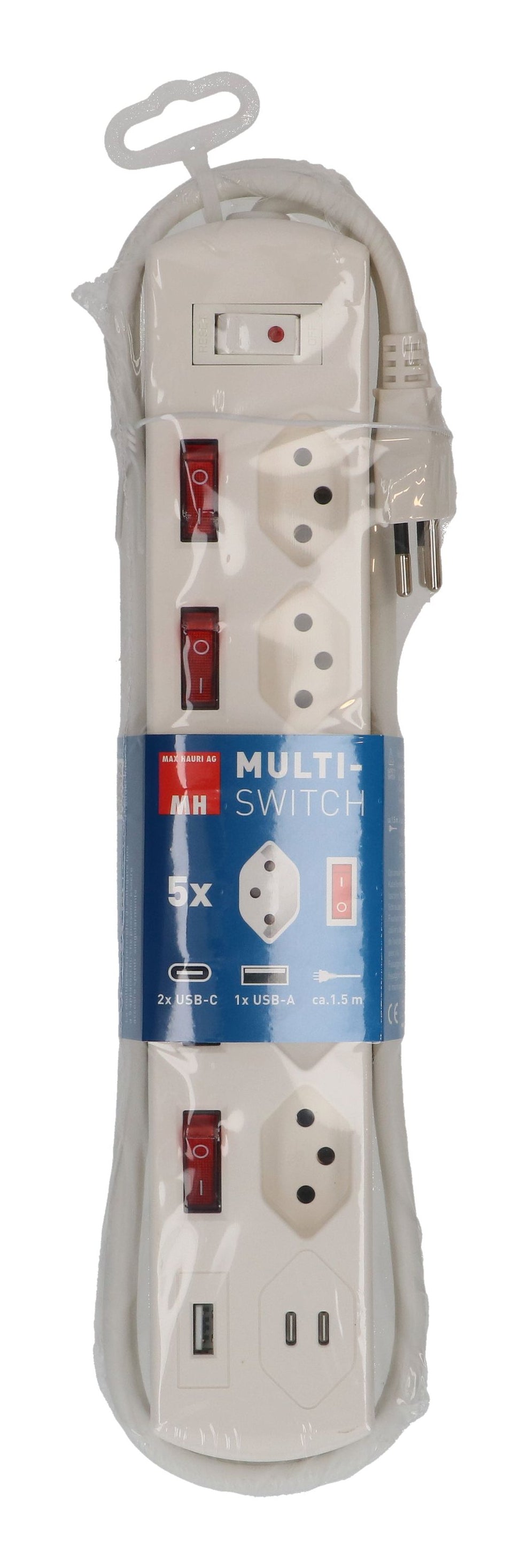Max Hauri AG Max Hauri Steckdosenleiste, 5×T13, 1×USB‑A 18 W + 1×USB‑C PD 20 W, mit Schalter, 1,5 m, Eingang T12 – weiss