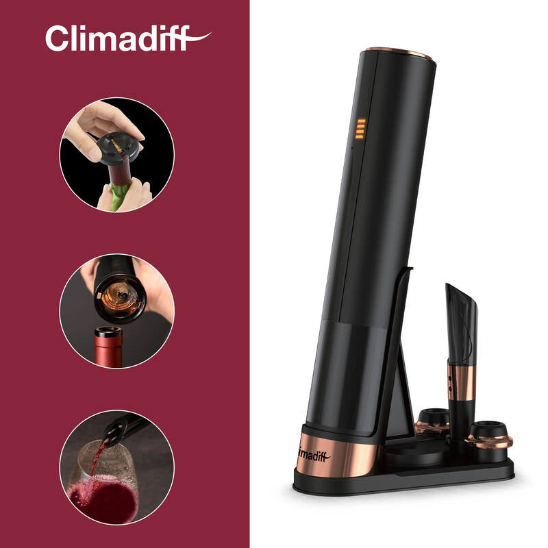Climadiff Elektrischer Korkenzieher TBEVOLUTION – 9 × 15 × 30 cm, Schwarz, Akku, Vakuumpumpe, Kapselschneider