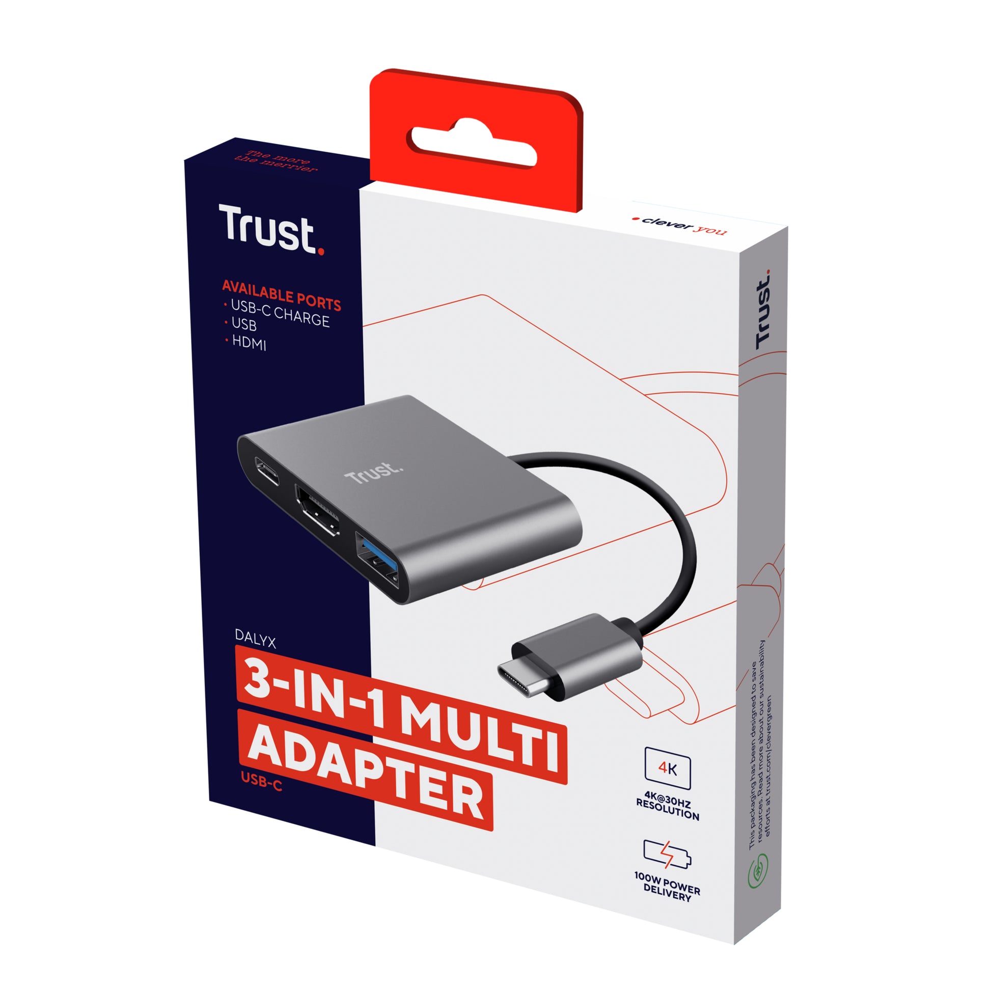 Trust Dalyx Multiport-Adapter – USB-C, 1× HDMI, 1× USB-A, 100 W PD, für Windows/Mac/Android