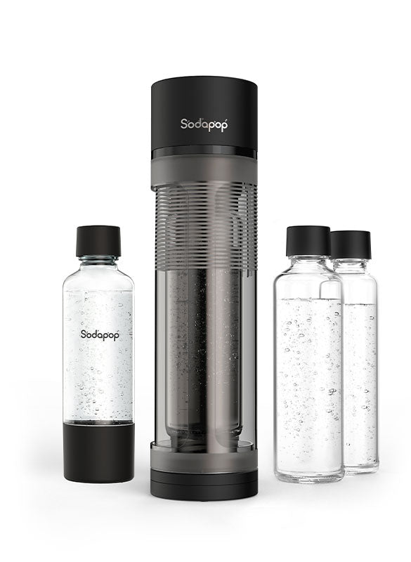 mySodapop Sodapop – Wassersprudler, 3 Flaschen (2× Glas, 1× Kunststoff), CO₂-Zylinder 0,6 l, Schwarz matt