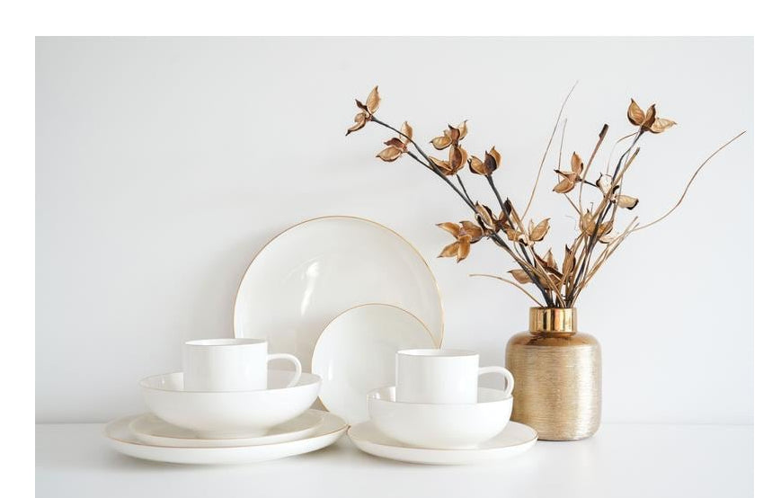 Furber. Furber Speiseteller – 6er Set, Ø 21 cm, Knochenporzellan, Weiss/Gold, spülmaschinenfest