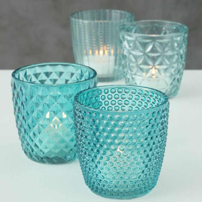 Boltze Windlicht – Glas, petrol – Ø 7,5 × 7,5 cm – 4-teilig