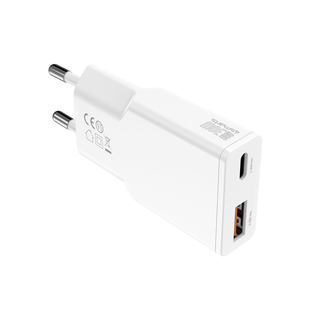 4smarts PDPlug Slim Duos USB-Ladegerät 30 W – USB-C×1, USB-A×1 – PD 3.0, PPS, GaN – EU-Stecker (Typ C) – Weiss