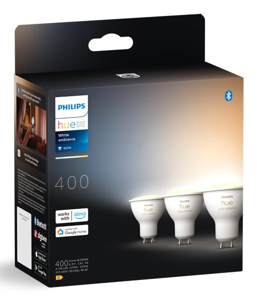 Philips Hue LED-Leuchtmittel GU10 3er-Pack – 4,2 W dimmbar, 400 lm, 2200–6500 K, für Bluetooth/Zigbee