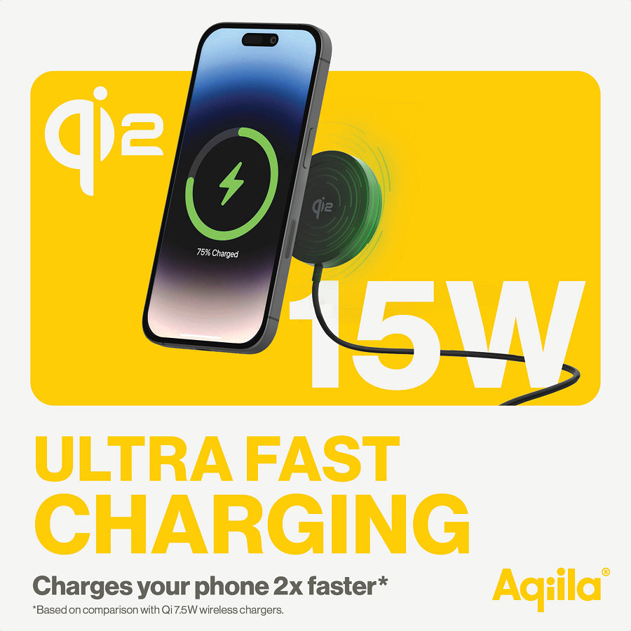 Aqiila Magnetladegerät Kabelloses Ladegerät 15 W – Qi2, MagSafe-kompatibel – für Smartphones