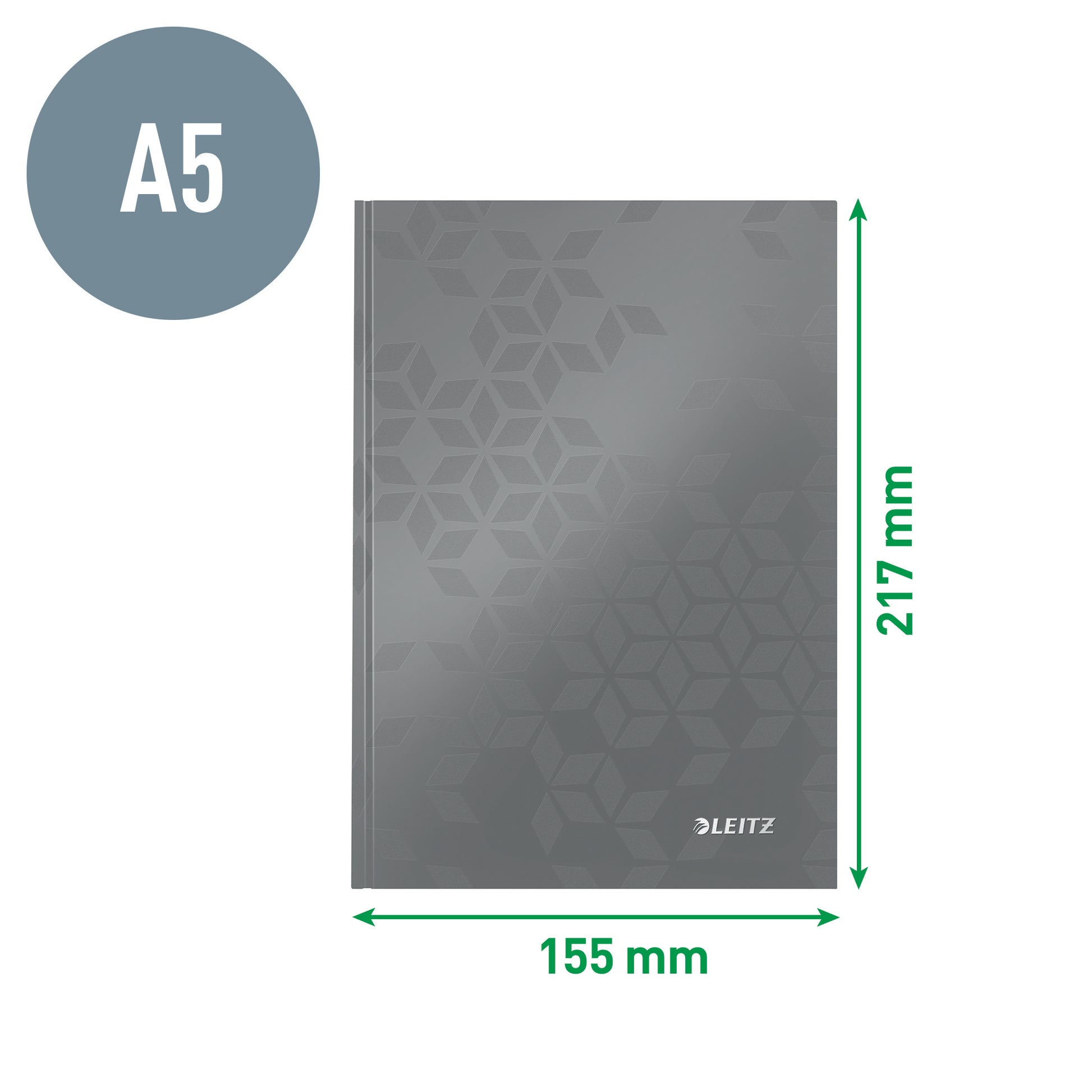 Leitz Notizbuch A5, kariert, Fadenheftung, Karton, 160 Seiten, ohne Perforation, 90 g/m² – grün
