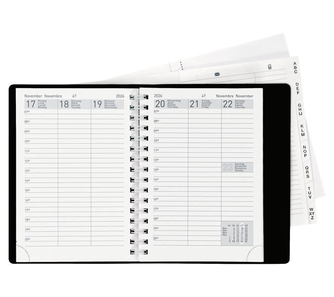 Biella Rex Agenda – 1 Woche/2 Seiten, Spiralbindung, 10,1 × 14,2 cm, 2026, mehrsprachig, schwarz, FSC