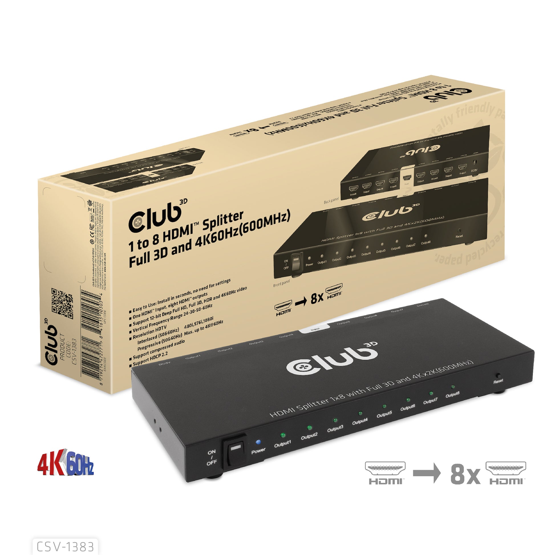 CLUB3D Club 3D – HDMI-Splitter 1×8, externes Netzteil, passiv