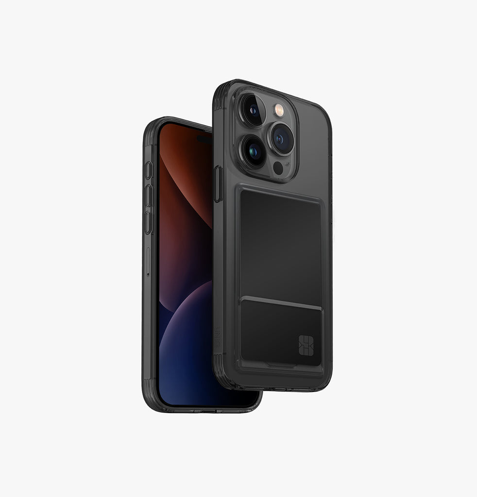 Uniq Air Fender Hybrid Backcover – für Apple iPhone 15 Pro, mit Kartenfach, TPU, grau, bis 2,5 m sturzsicher