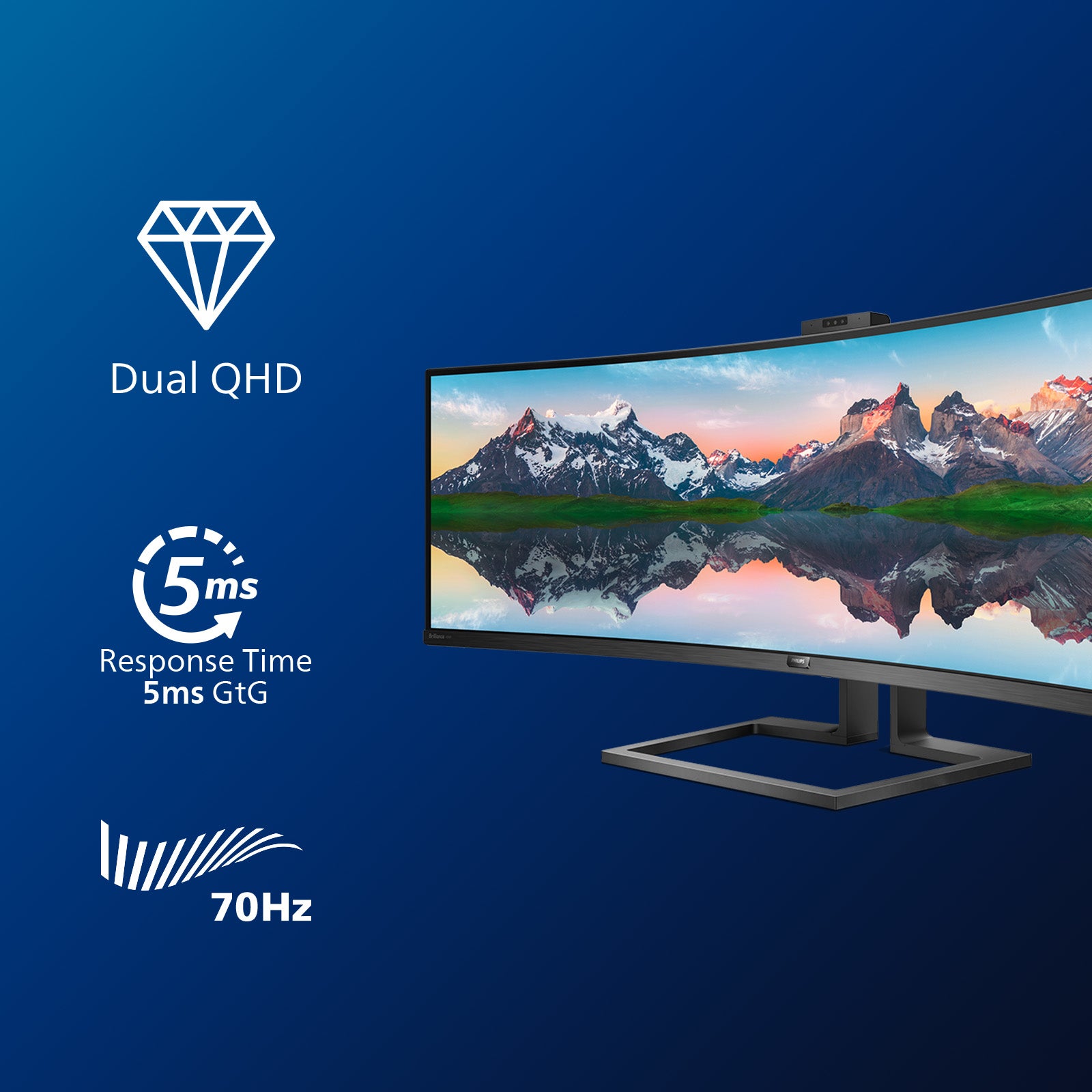 Philips 499P9H/00 – Monitor, 48,8", VA, 60 Hz, 450 cd/m², Webcam, USB-C, KVM, VESA 100 × 100, Schwarz