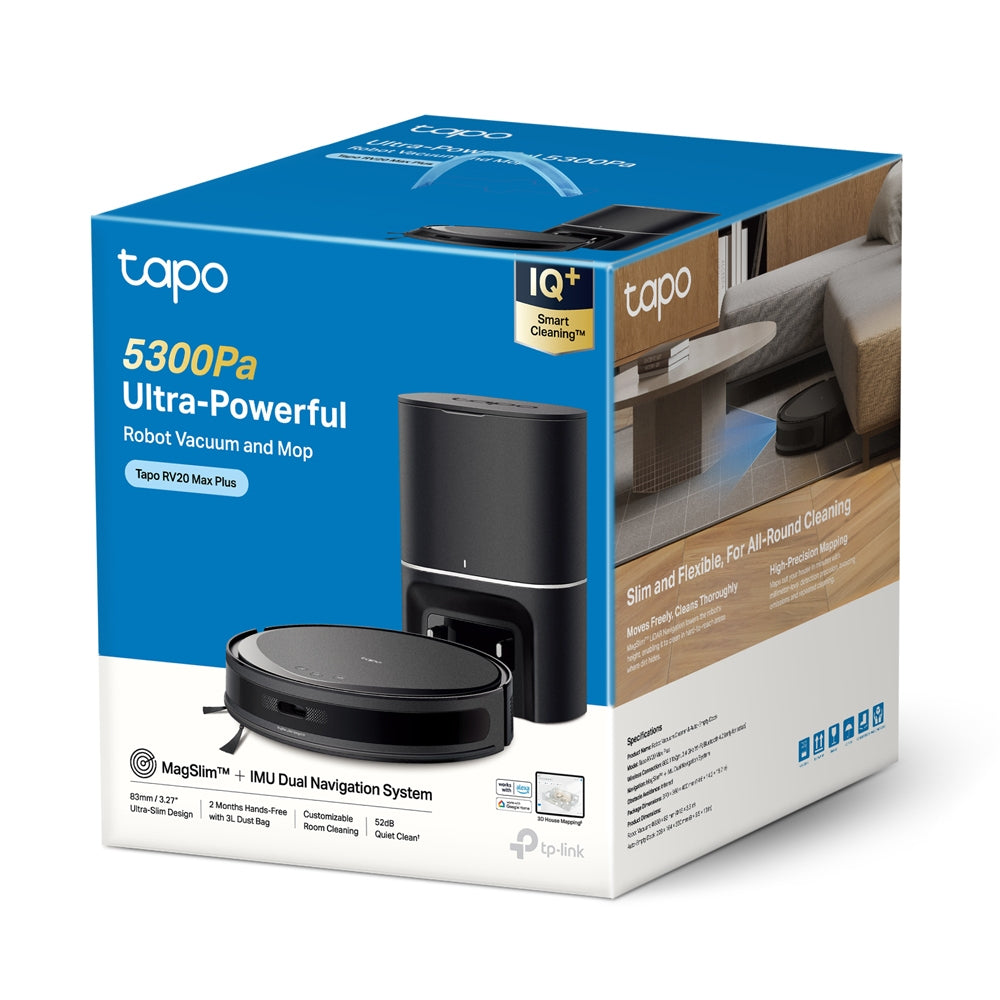 TP-Link Saugroboter Tapo RV20 Max Plus mit Absaugstation und Wischfunktion – 5300 Pa, 180 min, Höhe 83 mm