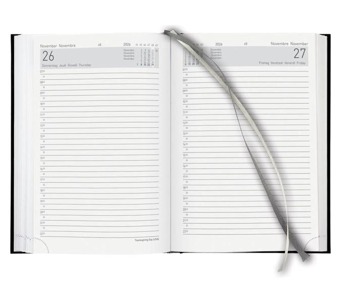 Biella Executive Agenda – 1 Tag pro Seite, gebunden, 14,5 × 20,5 cm, 2026, 1/2-Stunden-Takt, schwarz, FSC