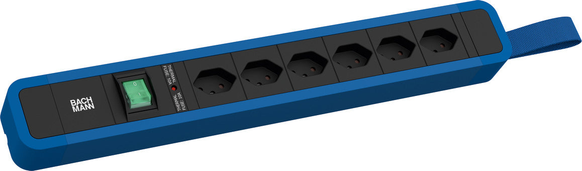 Bachmann PRIMO 2 Steckdosenleiste, 6×T13, mit beleuchtetem Schalter, 2 m, Eingang T12 – Blau