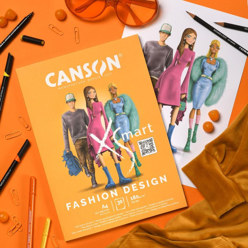 Canson Fashion Design Zeichenblock – A4, 180 g/m², farbig sortiert, blanko, 30 Blatt – FSC