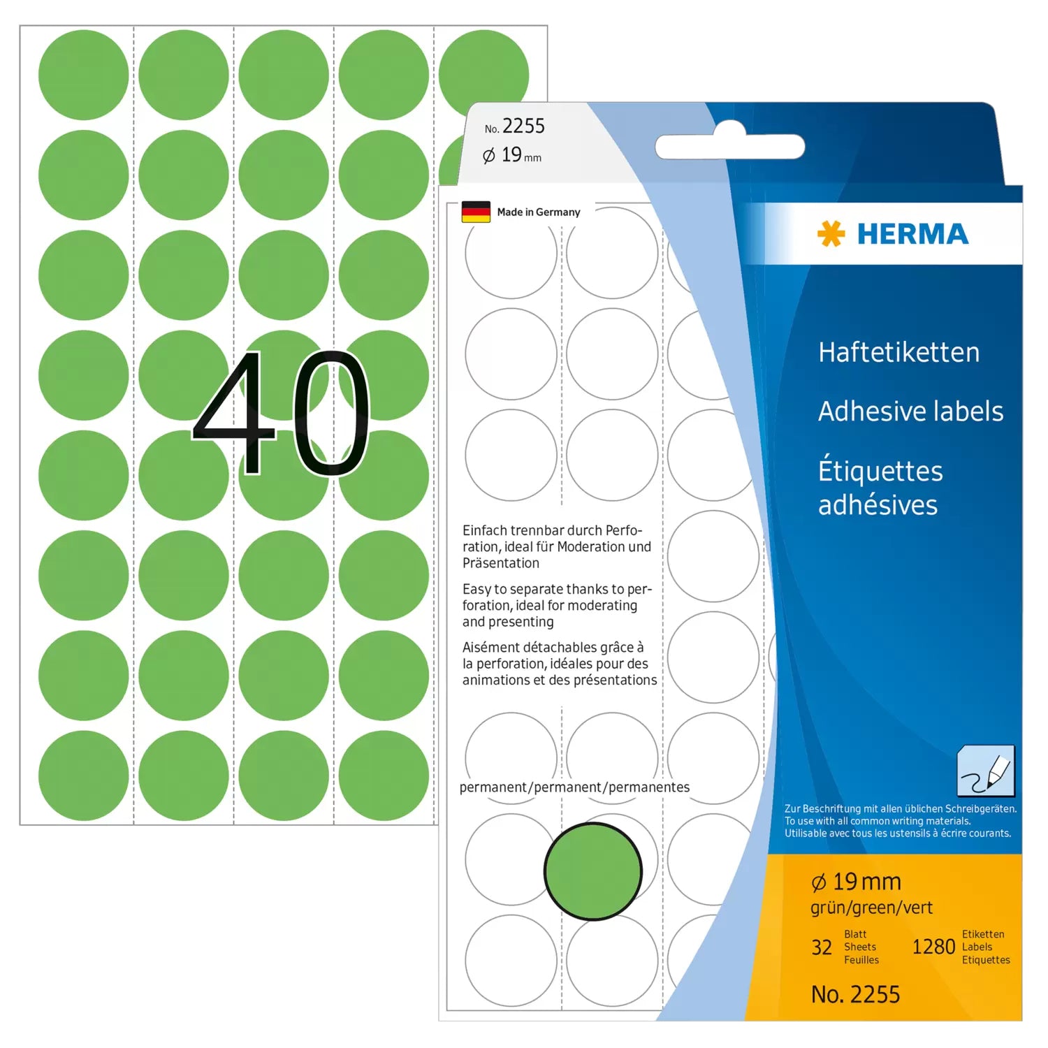 HERMA Haftetiketten – rund Ø 19 mm, permanent, grün, perforiert, 32 Blatt (1'280 Stk.)