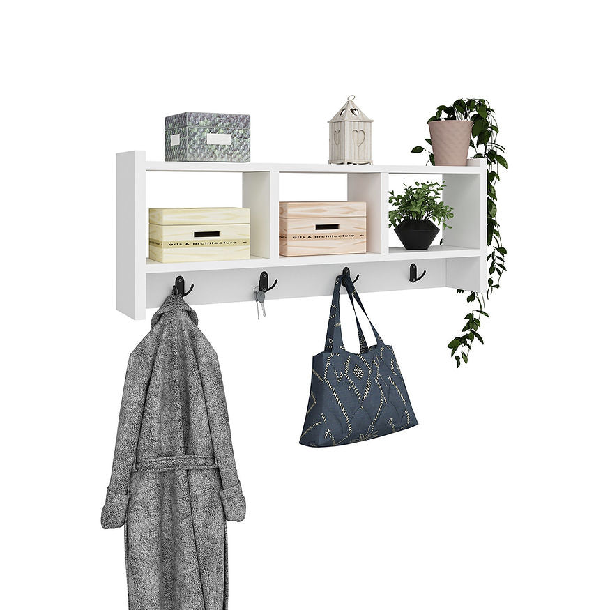 Woody Fashion Wandgarderobe – 4 Haken, Spanplatte, Weiss, 75,6 × 22 × 35 cm