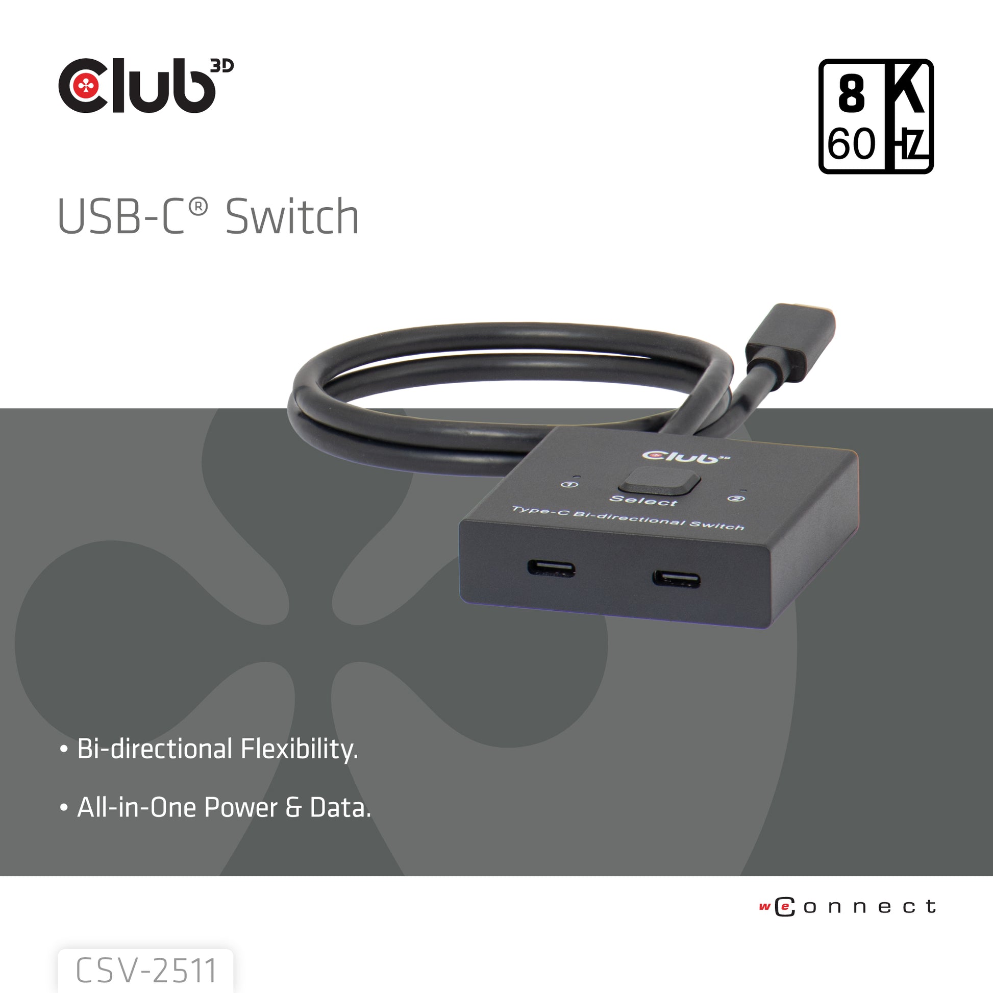 CLUB3D Club 3D – USB-C Switch, 2 Ports, bidirektional, Video/Daten/PD, passiv