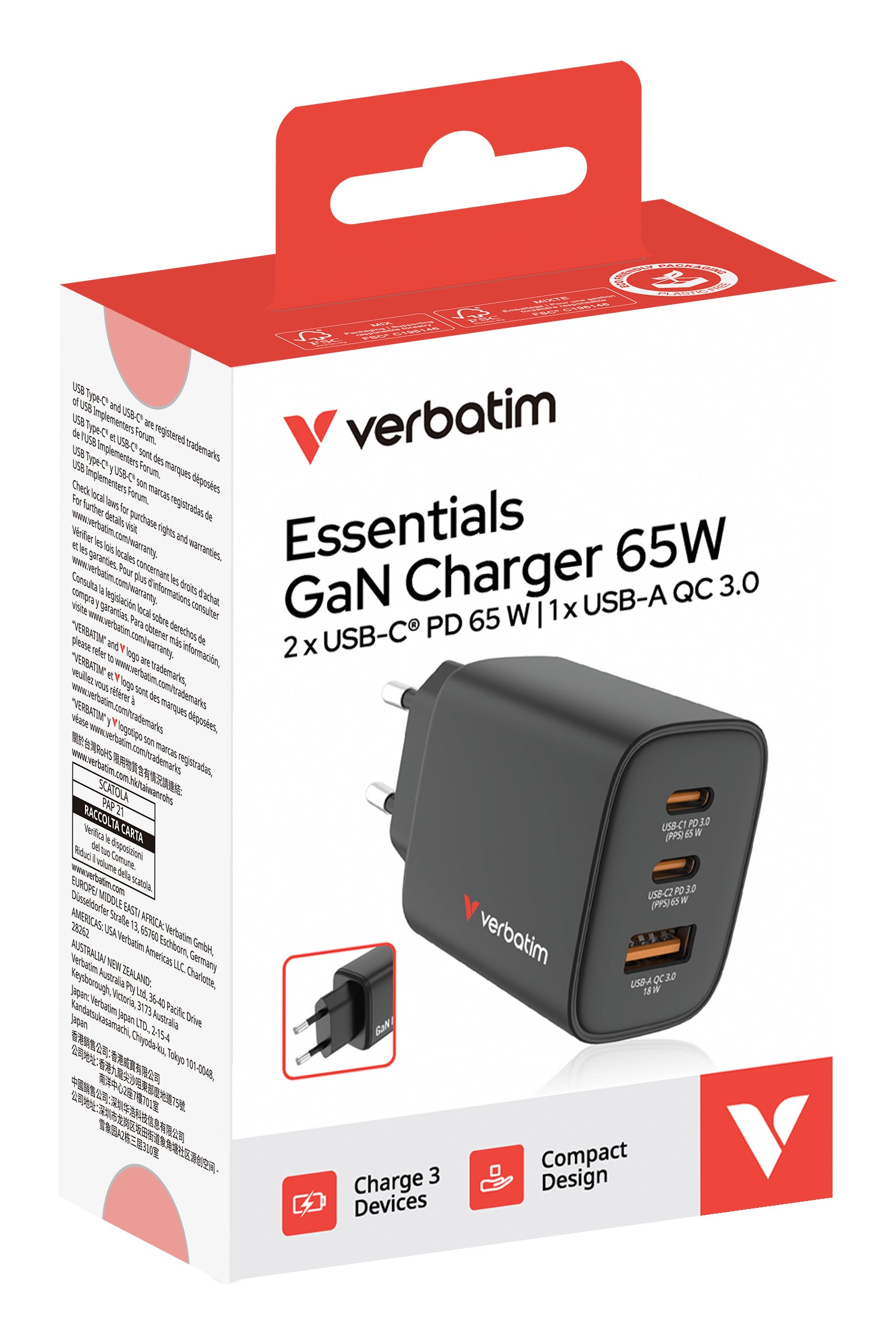 Verbatim Essentials USB-Ladegerät 65 W – USB-C×2, USB-A×1 – PD 3.0, QC 3.0, PPS, GaN – EU-Stecker (Typ C) – sc