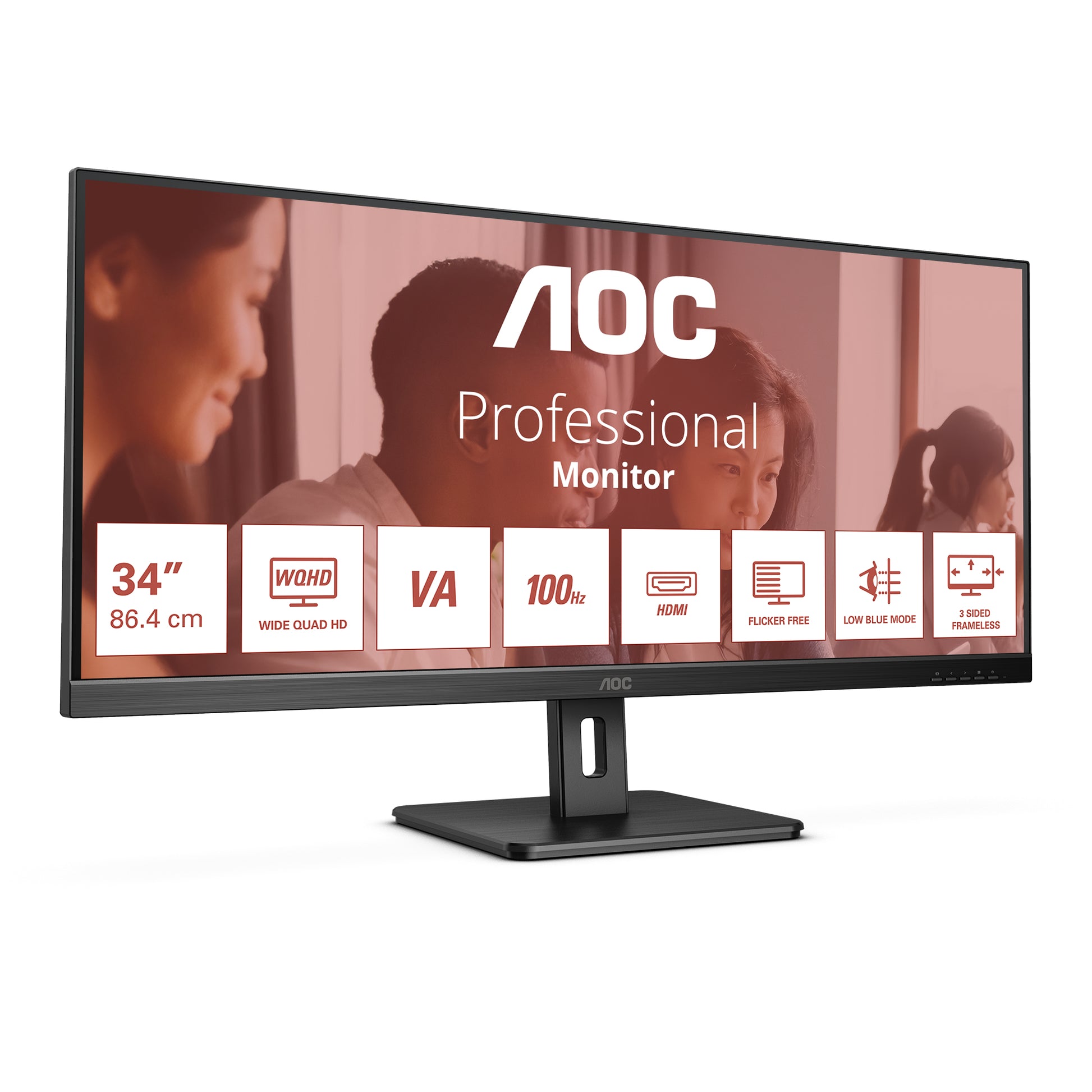 AOC Monitor, 34", 3440 × 1440, VA, 100 Hz, 300 cd/m², Adaptive Sync, VESA 100 × 100, Schwarz