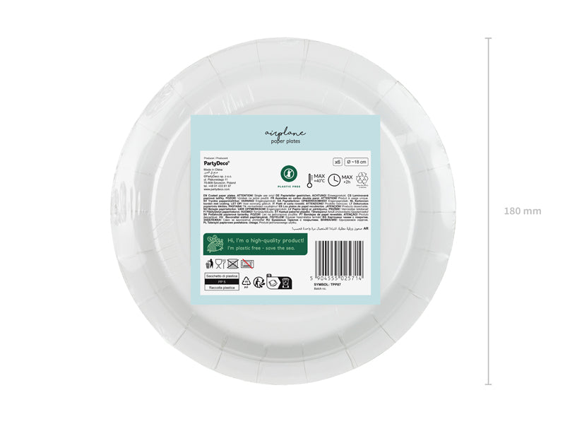 PartyDeco Teller, Papier, rund – Ø 18 cm, Flugzeug, blau – 6 Stk.