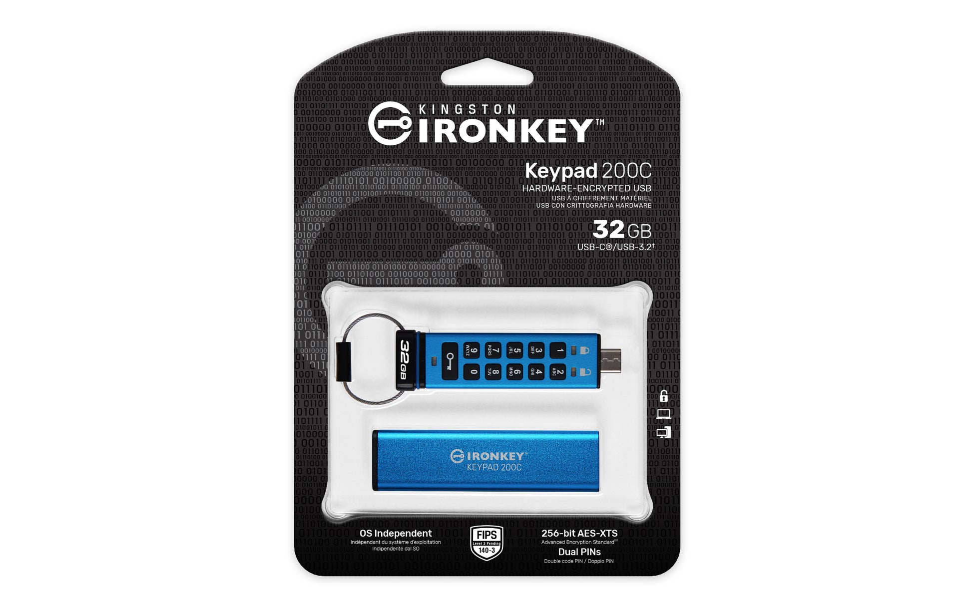Kingston Technology Kingston IronKey Keypad 200C USB-Stick – 32 GB, USB-C, FIPS 140-3 Level 3 (Ausstehend); AES-256