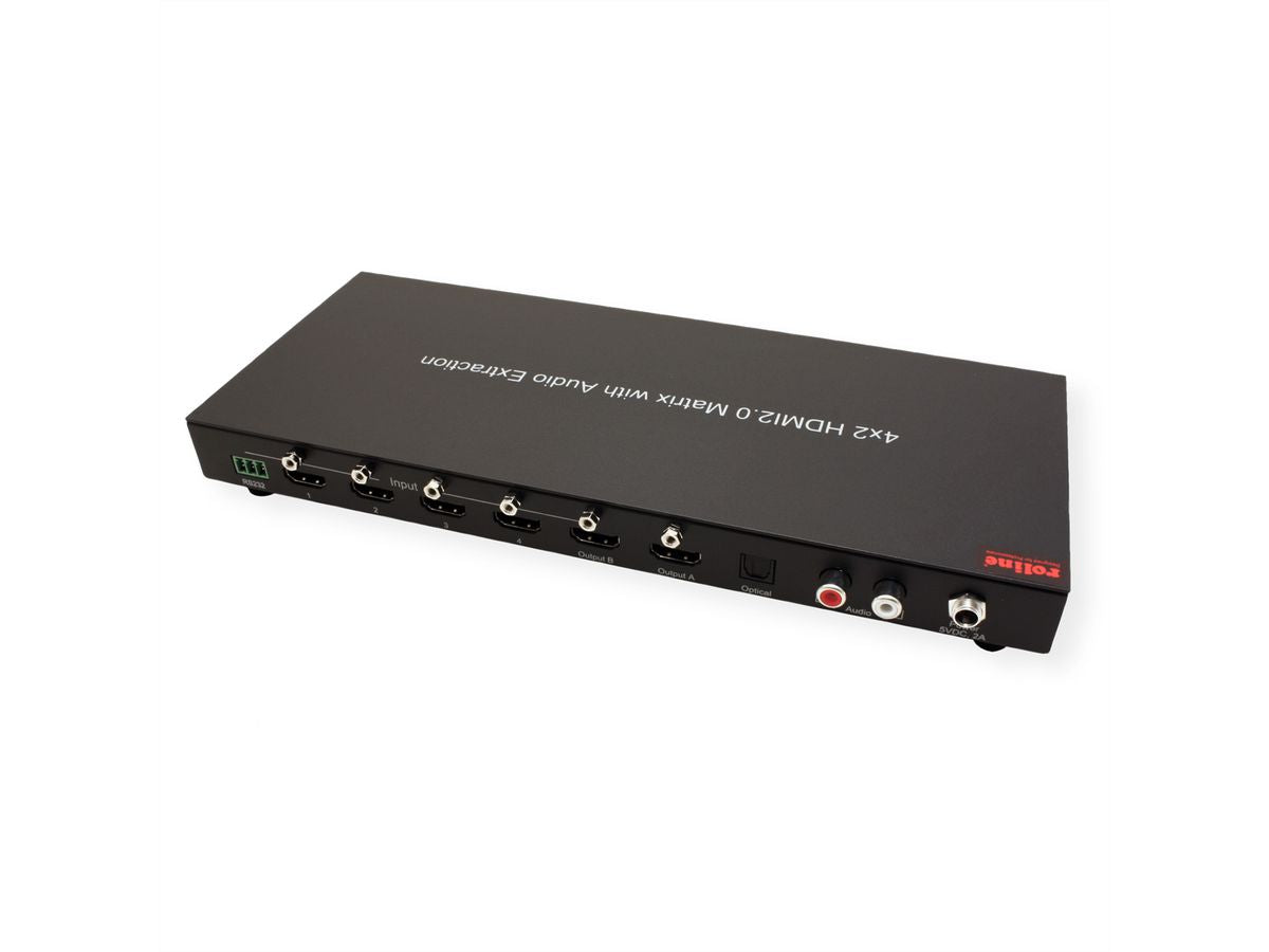 ROLINE HDMI Matrix, 4×2, 4K@60 Hz, IR, Toslink & Cinch, HDCP, Schwarz