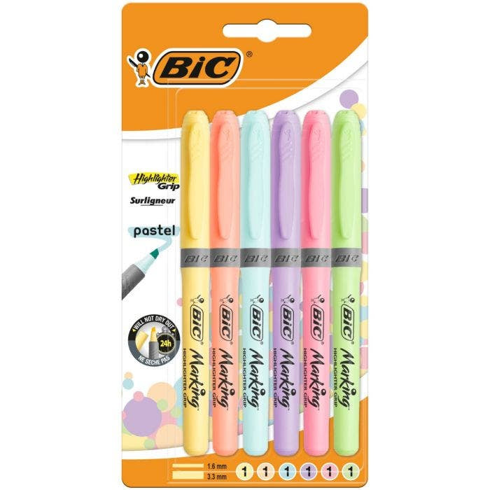 BIC Pastell Textmarker – 6er Set, Farben: Hellblau/Hellgrün/Hellorange …, Keilspitze 1,6–3,3 mm