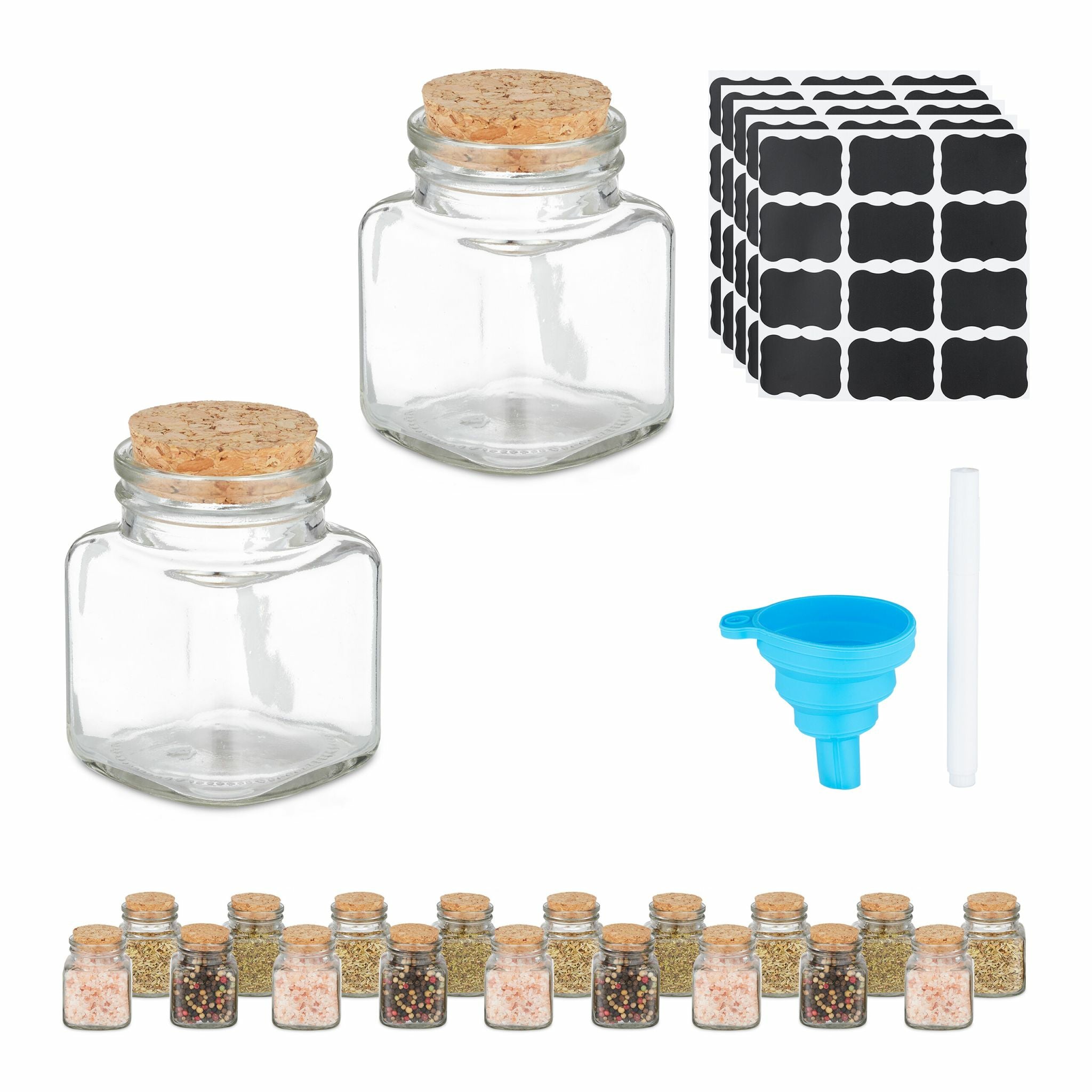 Relaxdays Gewürzglas 100 ml, Ø 5 × 7 cm, Glas/Kork/Silikon, 20 Stk., transparent