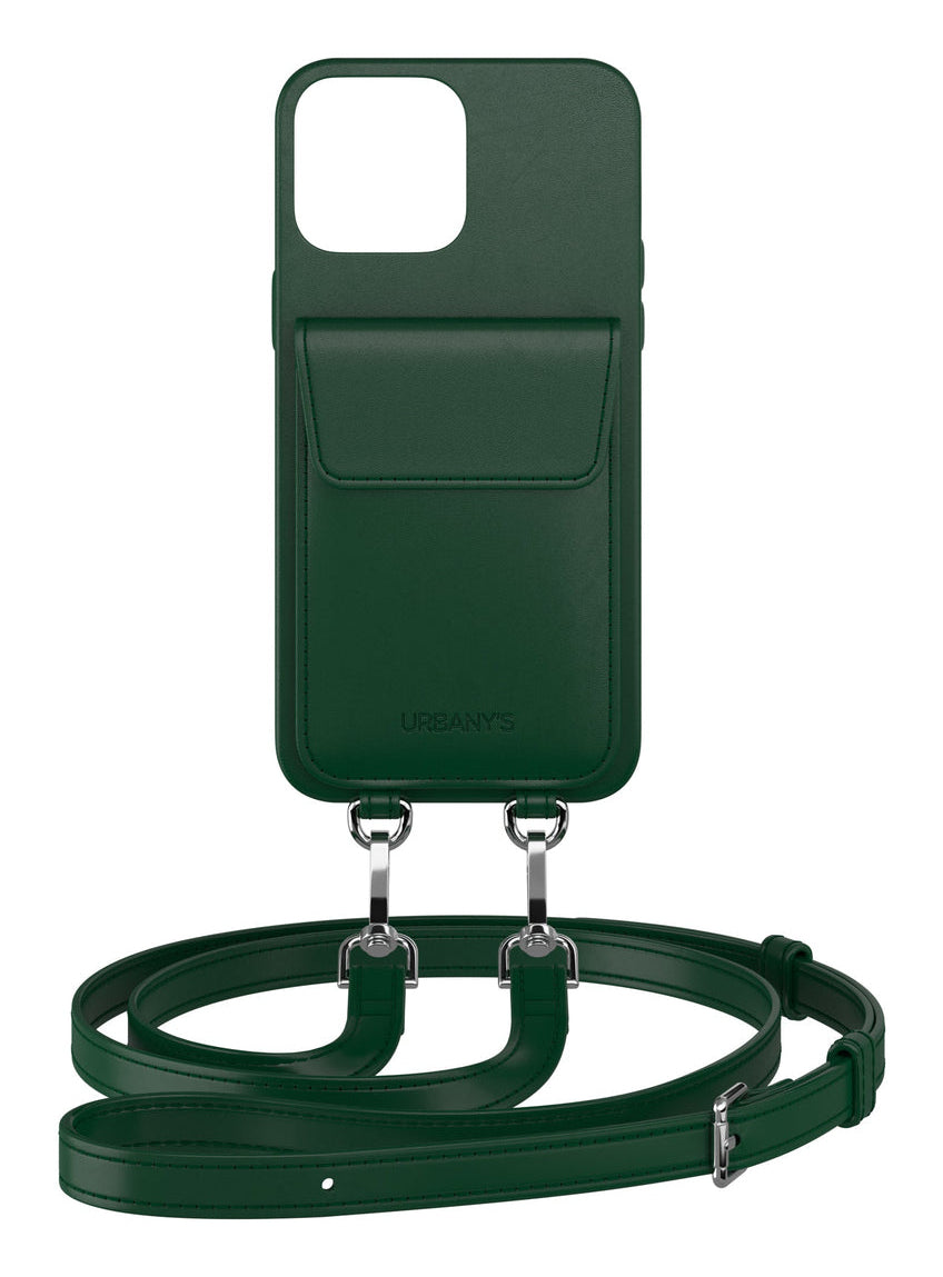 Urbany's Necklace-Hülle – für Apple iPhone 16 – Racing Green – Kunstleder – mit Kartenfach, mit Kordel
