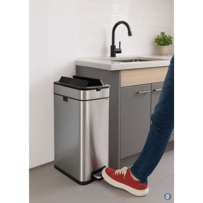 MAUL Schwingdeckel-Abfalleimer Wing – 40 l – Edelstahl, rechteckig – schwarz/silber