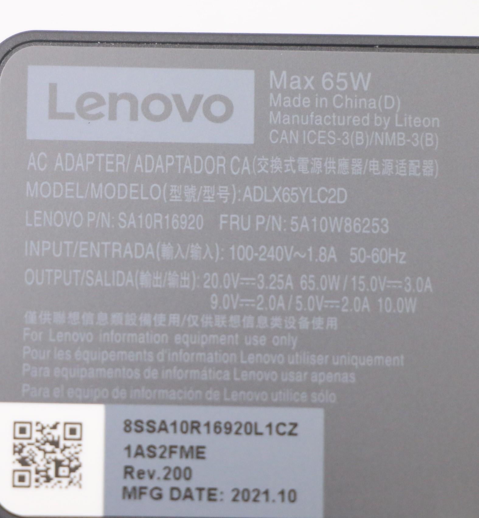 Lenovo 5A10W86253 Netzteil 65 W – für Lenovo-Laptops – Schwarz