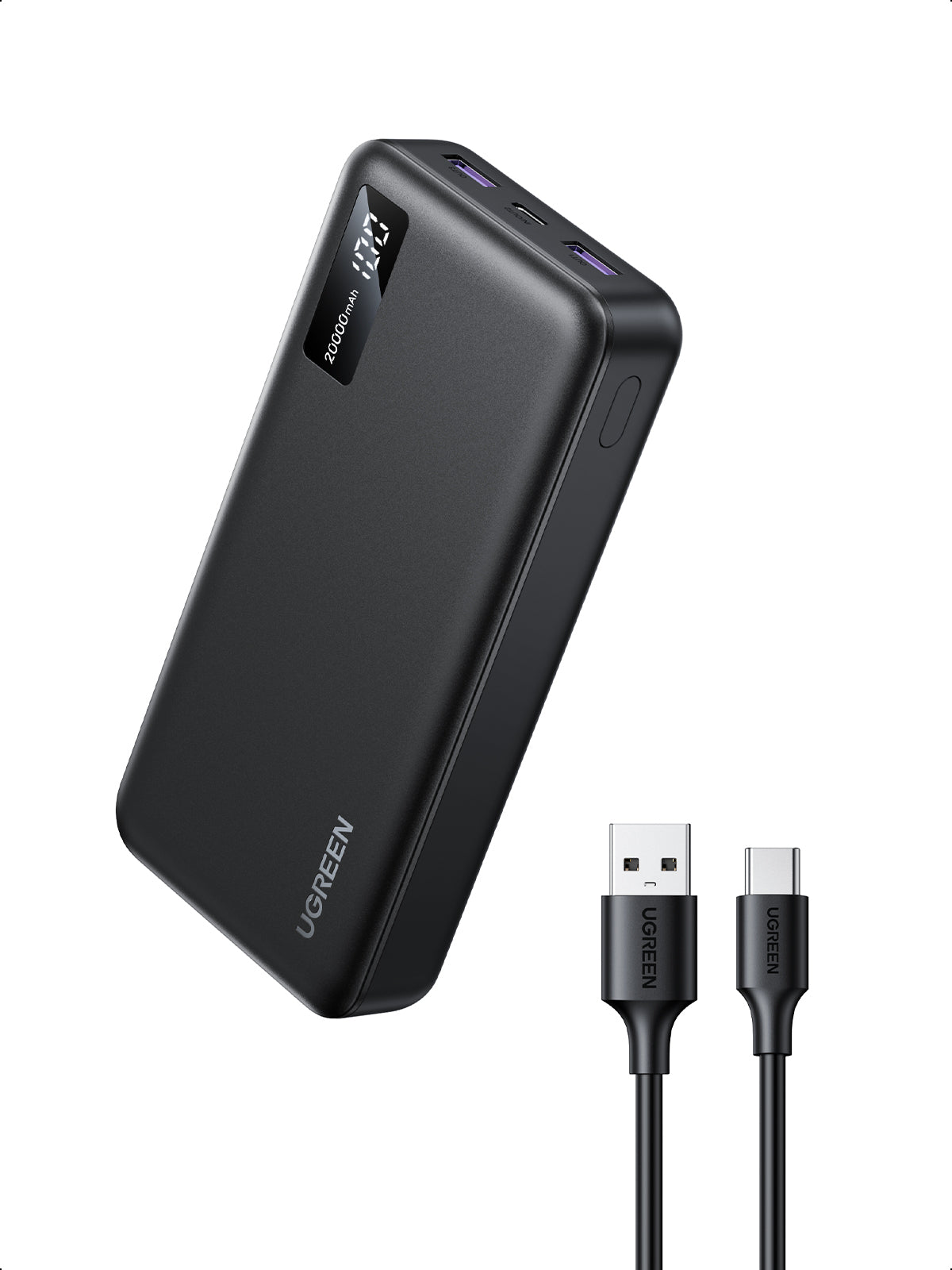 Ugreen Powerbank 20000 mAh, PD 22,5 W, 1× USB-C, 2× USB-A, mit Display, für Smartphones, Schwarz