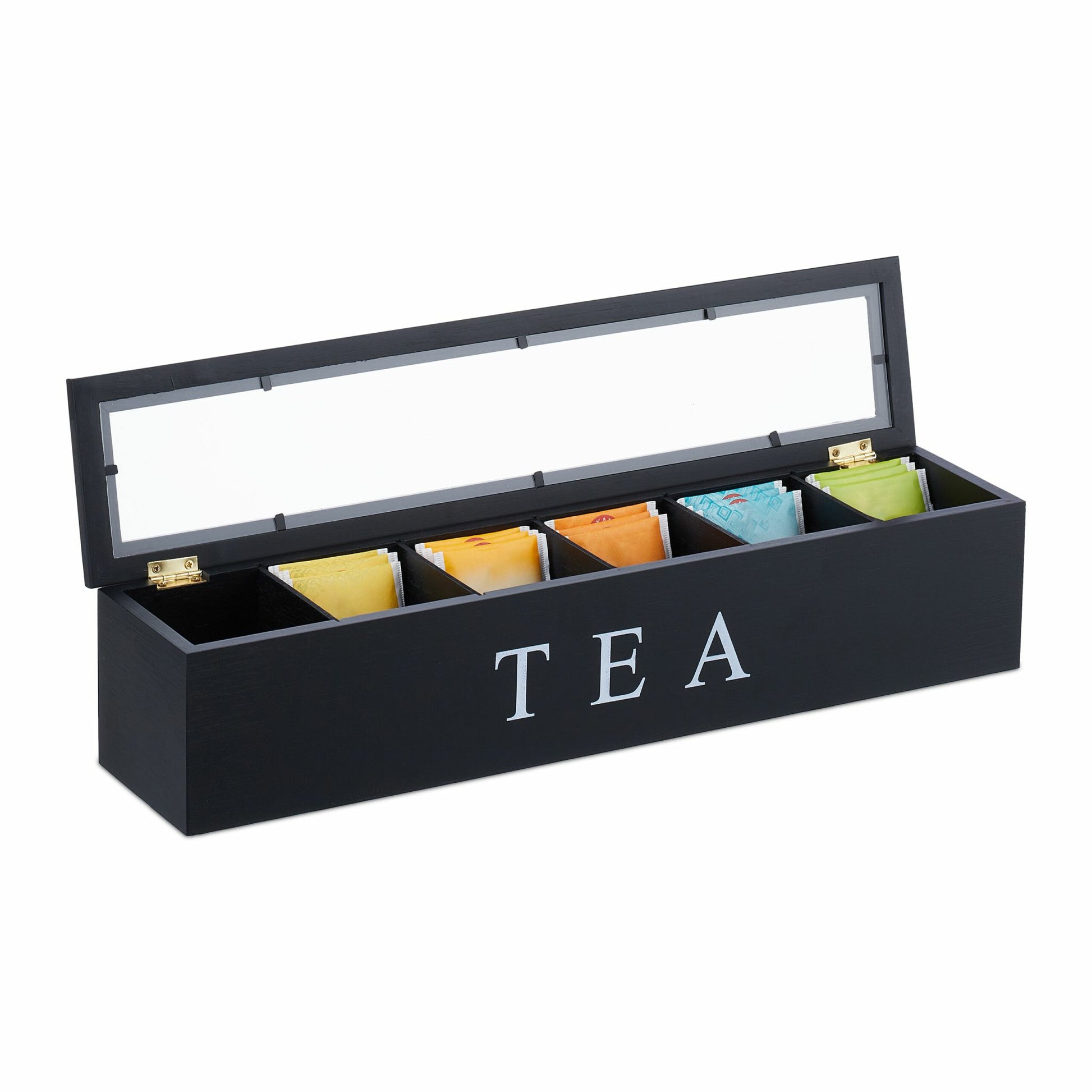Relaxdays Teebeutelbox Bambus/Acryl, 6 Fächer, 43,5 × 9 × 9 cm, Schwarz/Transparent/Weiss
