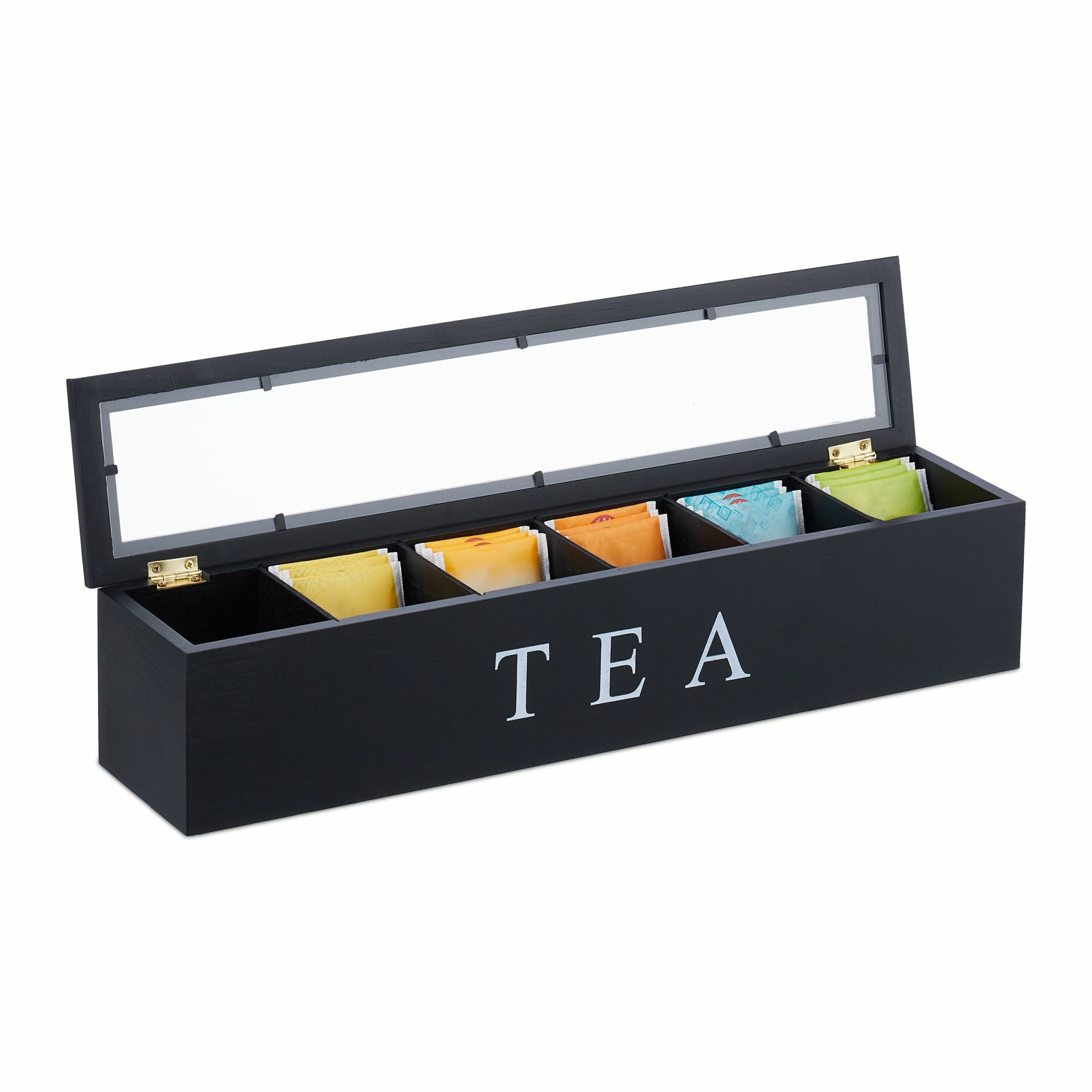 Relaxdays Teebeutelbox Bambus/Acryl, 6 Fächer, 43,5 × 9 × 9 cm, Schwarz/Transparent/Weiss