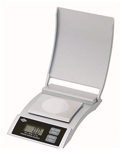 Wedo Präzisions-Taschenwaage – 500 g, 0,1 g, Wiegefläche 62 × 43 mm, Tara, Justierfunktion, Silber