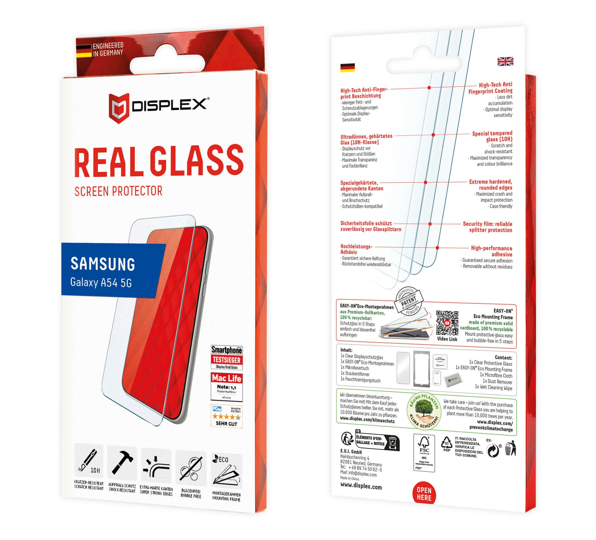 E.V.I. Displayschutzglas – für Samsung Galaxy A54 5G, Hartglas, 10H, Transparent – 1er-Pack