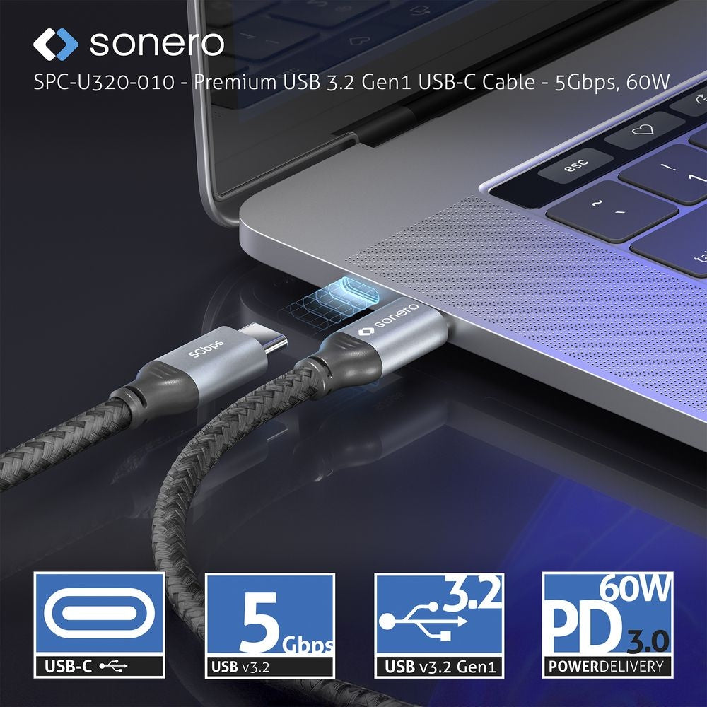 Sonero – USB-C auf USB-C Kabel – USB 3.2 Gen 1 (5 Gbit/s) – 1 m – PD 60 W – Geflochten – Schwarz/Grau