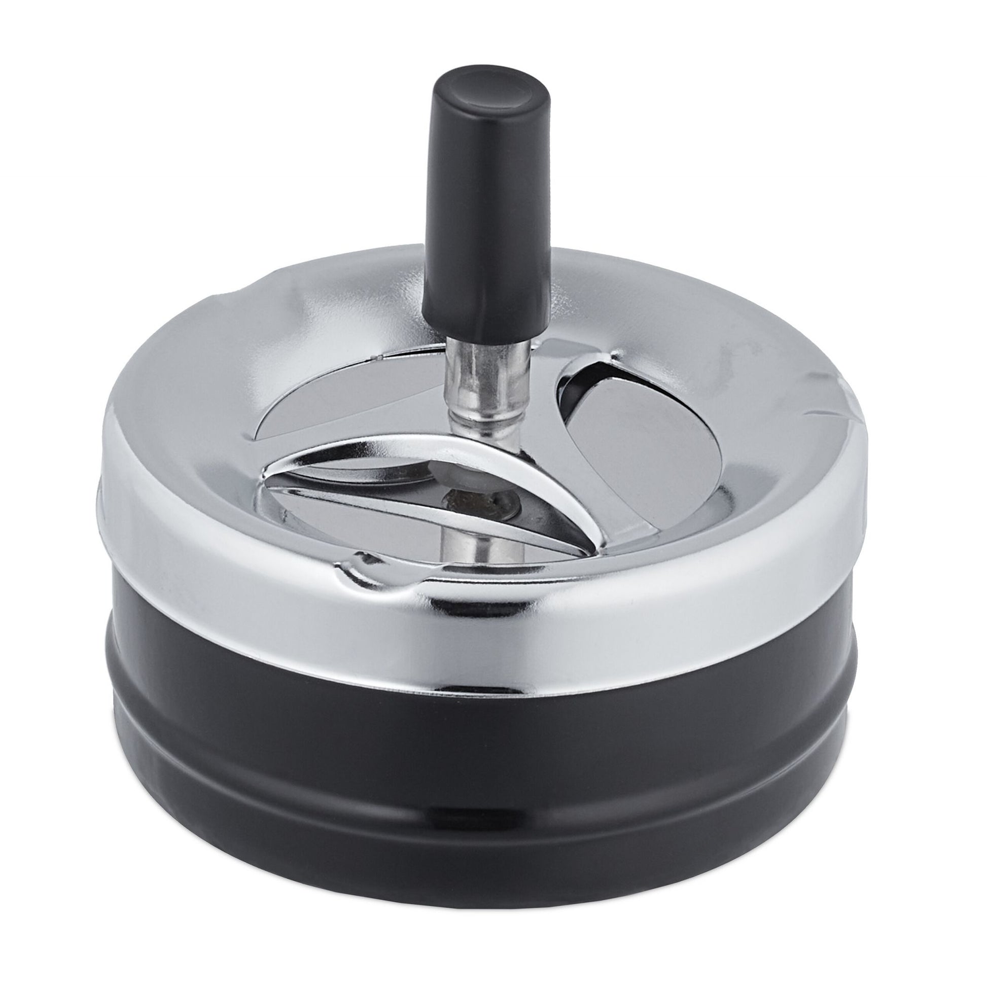 Relaxdays Aschenbecher mit Drehdeckel – Silber/Schwarz – Ø 9,5 cm × 9 cm – Metall – 1 Stk