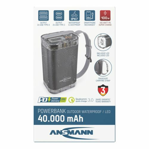 Ansmann Powerbank 40000 mAh, PD 100 W, 2× USB-C, 2× USB-A, LED Lampe, IP67, TFT-LCD, Silber