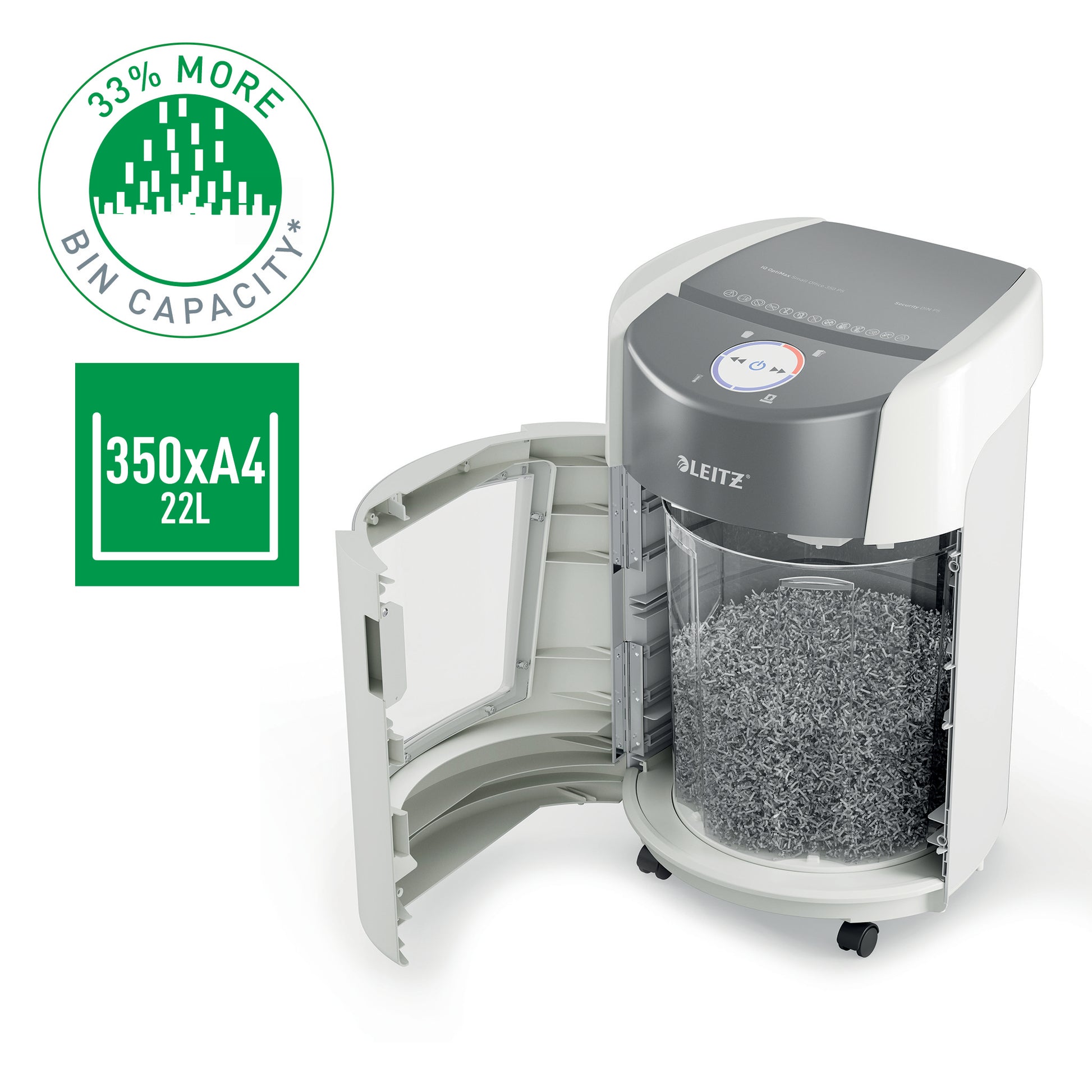 Leitz IQ OptiMax 350 – Aktenvernichter, DIN P-5, Mikroschnitt 2 × 15 mm, 8 Blatt, 22 l, A4