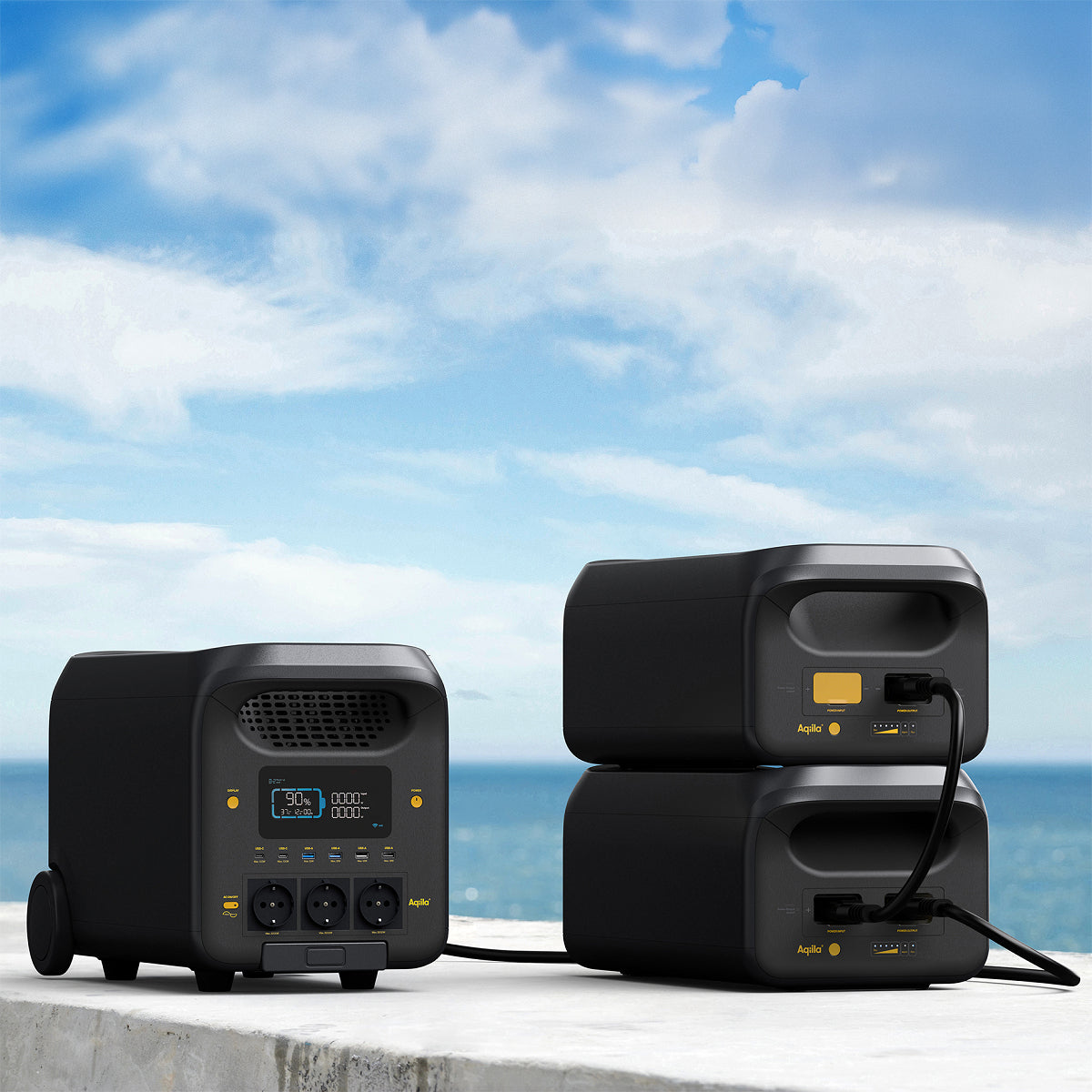Aqiila Powerbird S3000V2 – Powerstation, 2560 Wh, 5000 W AC, LiFePO4, 3× Schuko (Typ F), Räder, LCD
