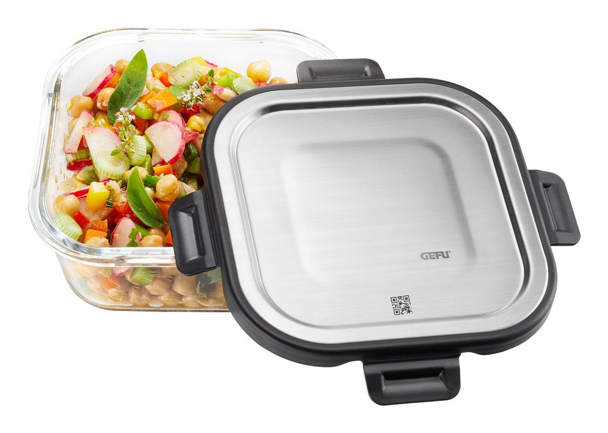 GEFU MILO – Vorratsdose 800 ml, 15,5 × 15,5 × 7,2 cm, Glas (Borosilikat), transparent/schwarz