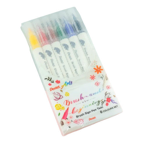 Pentel Brush Sign Brush Pen, Doppelspitze – Pinselspitze, 6 Farben