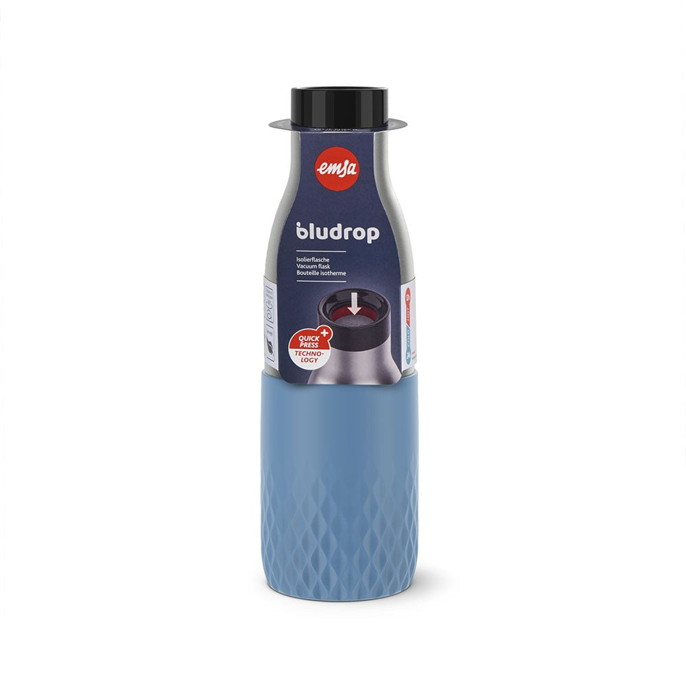 EMSA Bluedrop Isolierflasche 500 ml – Doppelwandig 12 h heiss / 24 h kalt, Edelstahl, Druckknopfdeckel